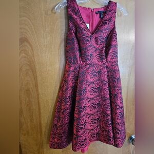 White House Black Market Red and Black Floral V-Neck Fit-and-Flare Dress